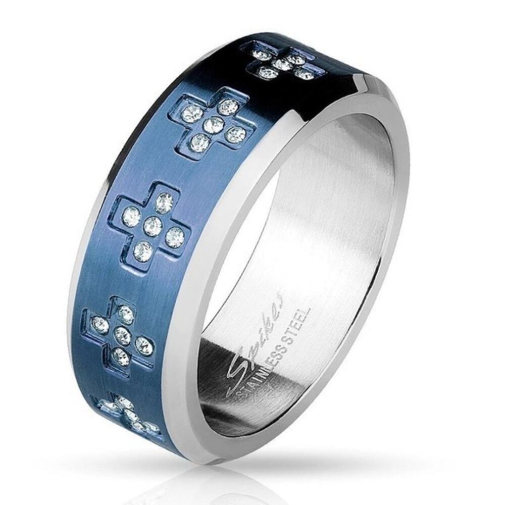 NEW CZ Set Cross Around on Blue IP Center Stainless Steel Rings size 12‎